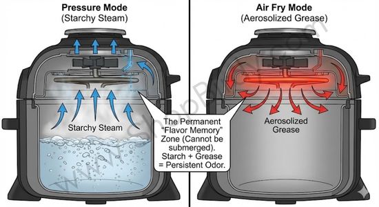This visual illustrates critical point about long-term cleaning. It shows how the Ninja Foodi's permanent lid traps both starchy steam from pressure cooking and aerosolized grease from air frying in areas that cannot be submerged for cleaning, creating a persistent hygiene issue.
