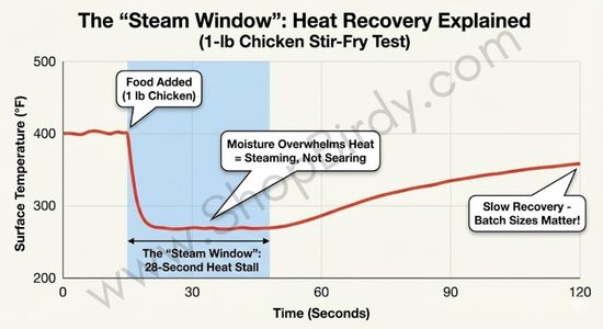 A performance graph based on the "1-lb Chicken Stir-Fry Test." It visualizes the critical 28-second pause where moisture overwhelms heat, teaching users why batch sizes matter to avoid soggy food.