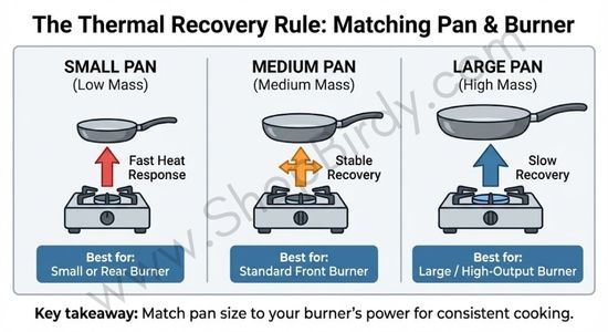 This visual explains the physics of "Thermal Recovery" mentioned in the article. It illustrates how pan mass affects temperature stability and guides the reader to match their pan size to their stove's burner power for optimal results.