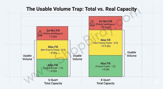 This infographic clarifies the difference between the total capacity on the box and the actual usable cooking volume. It clearly marks the safety headspace that must be left empty, providing a realistic expectation of how much food each size can hold.