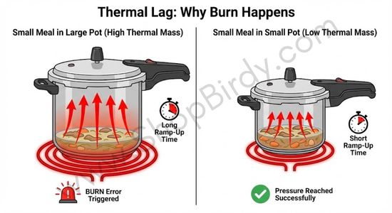 This diagram visually explains the concept of "Thermal Lag," illustrating why cooking small portions in a large pot leads to overheating and burn errors, while a proportionately sized pot reaches pressure efficiently.