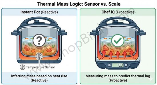This infographic visually explains the core difference in how each cooker determines cooking time. It clearly contrasts the Instant Pot's reactive temperature sensor with the Chef iQ's proactive integrated scale.