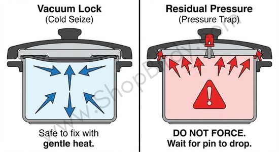 This diagram helps to identify why the lid is stuck. By visually contrasting the safe-to-fix vacuum lock with the dangerous residual pressure, it prevents them from using force when they shouldn't.