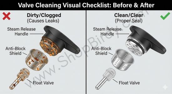 This comparison shows exactly what a dirty, clogged valve looks like versus a clean one, making it clear what you need to look for and clean to resolve the issue.