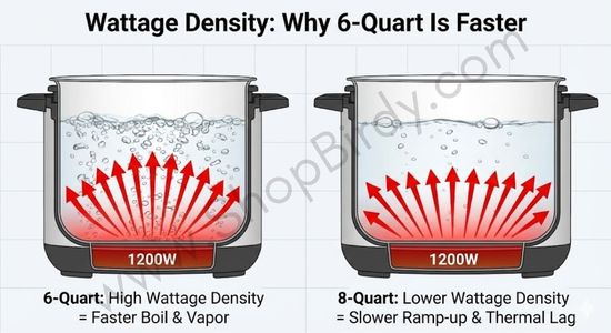 This diagram visualizes the concept of "Wattage Density," showing how the same amount of energy (1200W) is concentrated in a 6-quart pot for a faster boil, but spread out in an 8-quart pot, leading to a slower ramp-up.