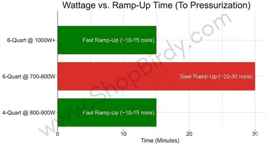 This chart shows the direct relationship between wattage, pot size, and the time it takes to reach pressure.