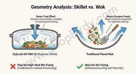 A cross-section diagram comparing the Zojirushi’s straight-walled shape to a traditional flared wok. It visually demonstrates the "Steam Trap" effect mentioned in the article, educating the reader on why this device is perfect for braising but poor for high-heat stir-frying.
