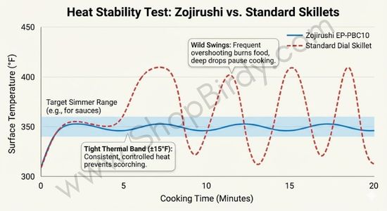 A comparative line graph visualizing the review’s core finding: temperature consistency. It contrasts the Zojirushi’s tight thermal band (±15°F) against the wild temperature swings typical of budget dial skillets, explaining why the Zojirushi excels at simmering without scorching.
