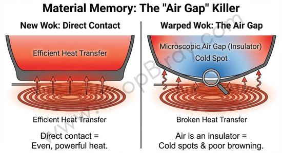 A cross-section diagram explaining the "Material Memory" stress test. It contrasts a pristine heating element (direct contact) with a warped one (microscopic air gap), visually explaining why older woks develop cold spots and fail to brown food.