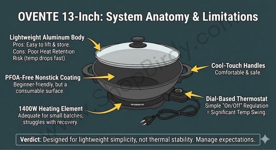 An annotated product map that breaks down the wok's lightweight build. It highlights the aluminum body for portability while flagging the "Heat Retention Risk," managing user expectations about what the 1400W element can and cannot do.