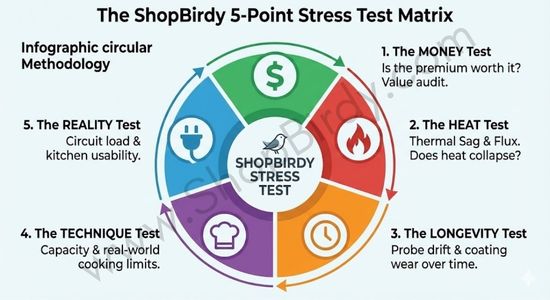 A circular methodology chart summarizing the five pillars of testing: Money (Value), Heat (Flux/Sag), Longevity (Drift/Wear), Technique (Capacity), and Reality (Circuit Load). This establishes the article's authority and testing rigor at a glance.