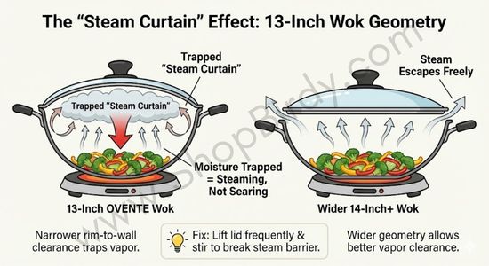 A cross-section diagram illustrating why smaller woks trap moisture. It visually explains the "Steam Curtain" concept mentioned in the review, showing how the narrower 13-inch rim creates a vapor barrier compared to wider vessels, teaching users to lift the lid frequently.