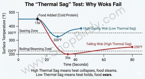 A performance line graph visualizing the critical concept of "Thermal Sag." It shows the sharp temperature drop when food is added, illustrating the difference between a high-quality wok (shallow dip, stays in Searing Zone) and a failing wok (deep dip, falls into Boiling Zone).