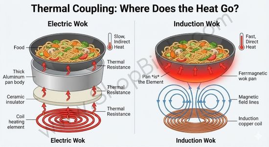 A cross-section diagram contrasting the energy path in both systems. It visualizes the "Thermal Resistance" chain in electric woks versus the direct energy transfer in induction, explaining why induction recovers faster.