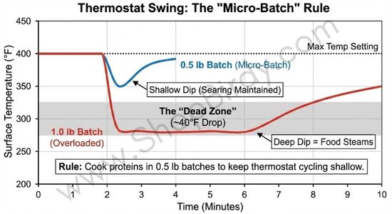 A temperature line graph visualizing the ~40°F drop (the "Dead Zone") reported in testing. It correlates this drop with batch size, visually proving why cooking 0.5 lbs of protein works (shallow dip) versus 1.0 lb (deep dip/steaming).