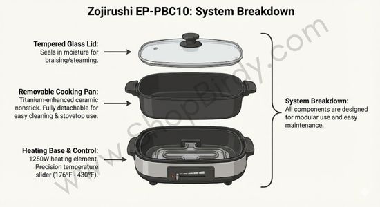 An "exploded view" infographic deconstructing the appliance into its three functional components. It highlights the removable pan (a key cleaning feature) and the specific wattage usage, helping the reader understand exactly what is included in the box.