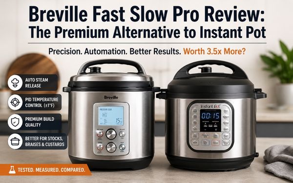 Breville Fast Slow Pro and Instant Pot Duo pressure cookers side by side comparison showing key features